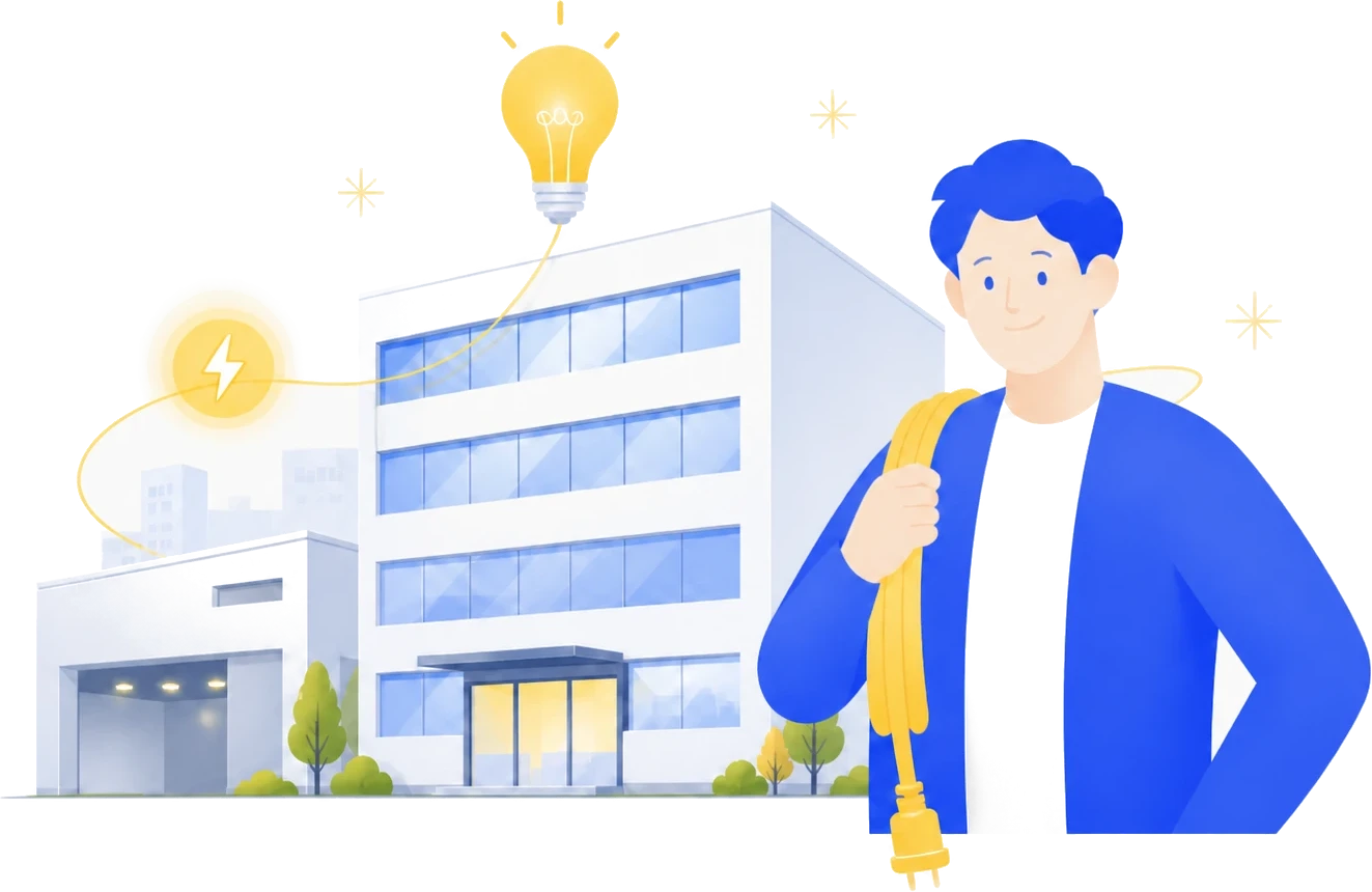 電気設備を支える会社と社員のイラスト